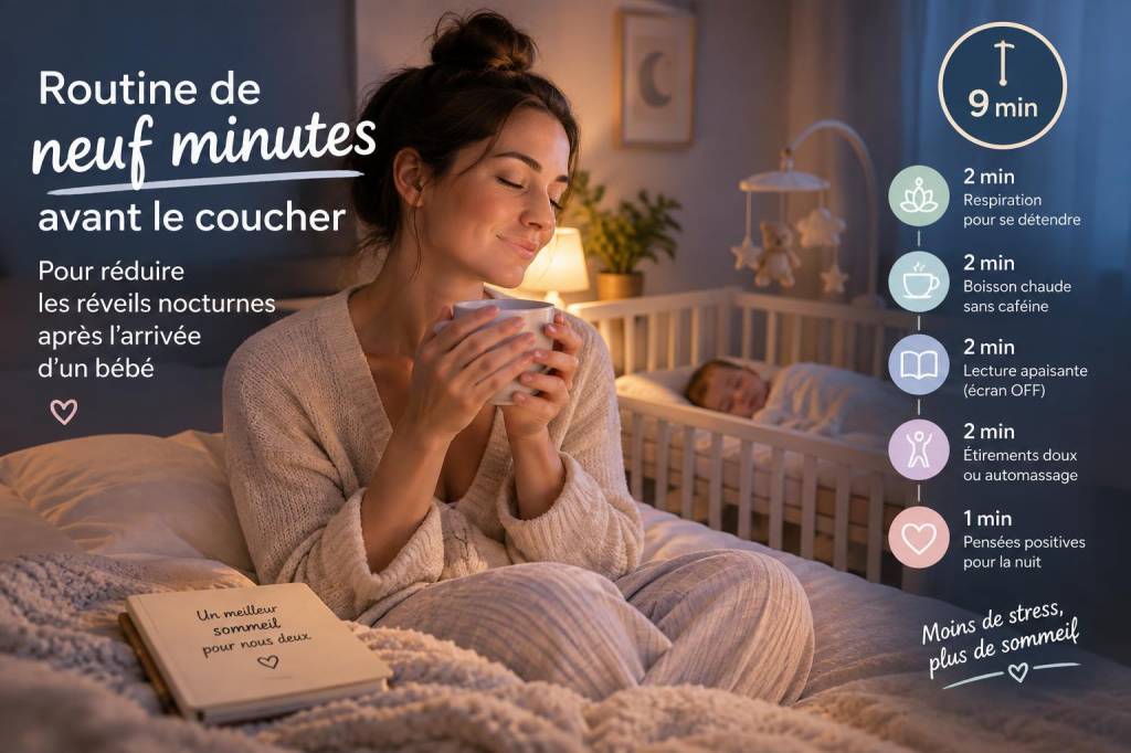 Routine de neuf minutes avant le coucher pour réduire les réveils nocturnes après l'arrivée d'un bébé