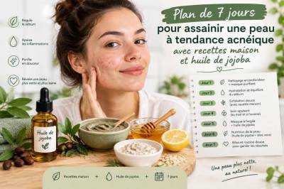 Plan de sept jours pour assainir une peau à tendance acnéique avec recettes maison et huile de jojoba
